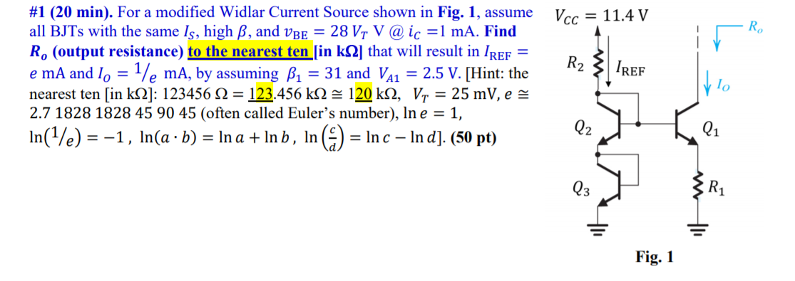Solved Vcc = 11.4 V Ro R2 IREF #1 (20 min). For a modified | Chegg.com