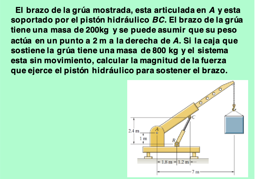 El brazo de la grúa mostrada, esta articulada en \( \boldsymbol{A} \) y esta soportado por el pistón hidráulico \( B C \). El