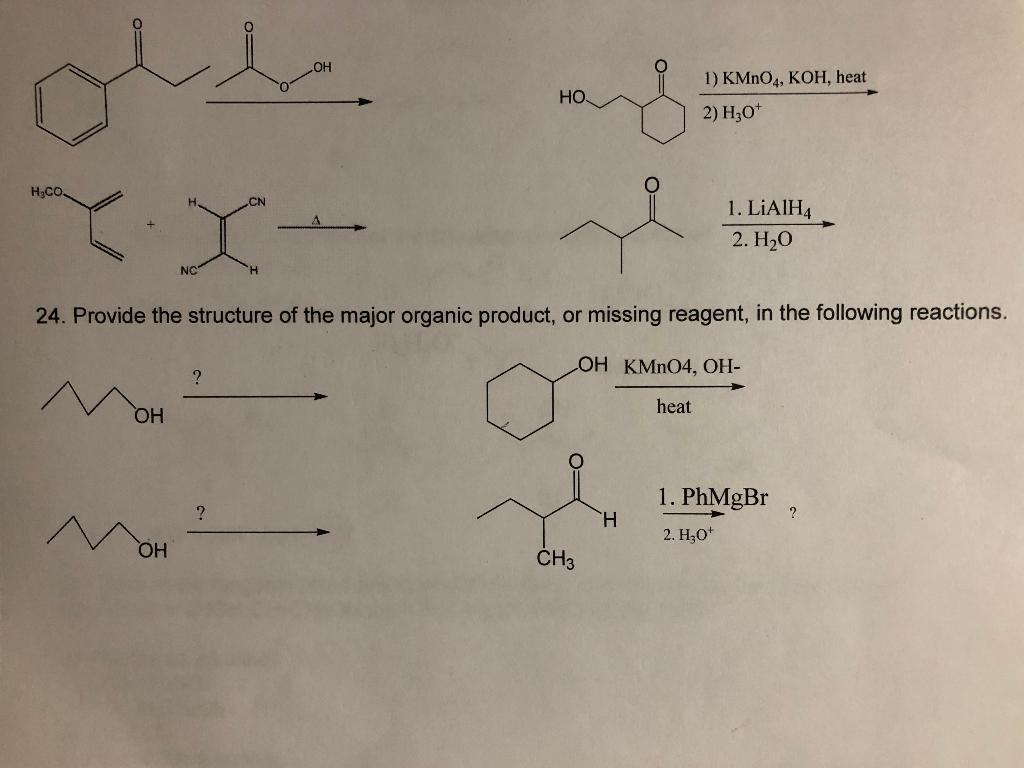 Solved 0 он 1) KMnO4, KOH, heat 0 HO 2) H,o* H3CO CN 1. | Chegg.com