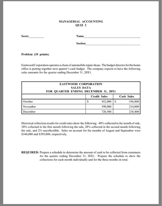 Solved MANAGERIAL ACCOUNTING QUIZ 2 Score Name Section