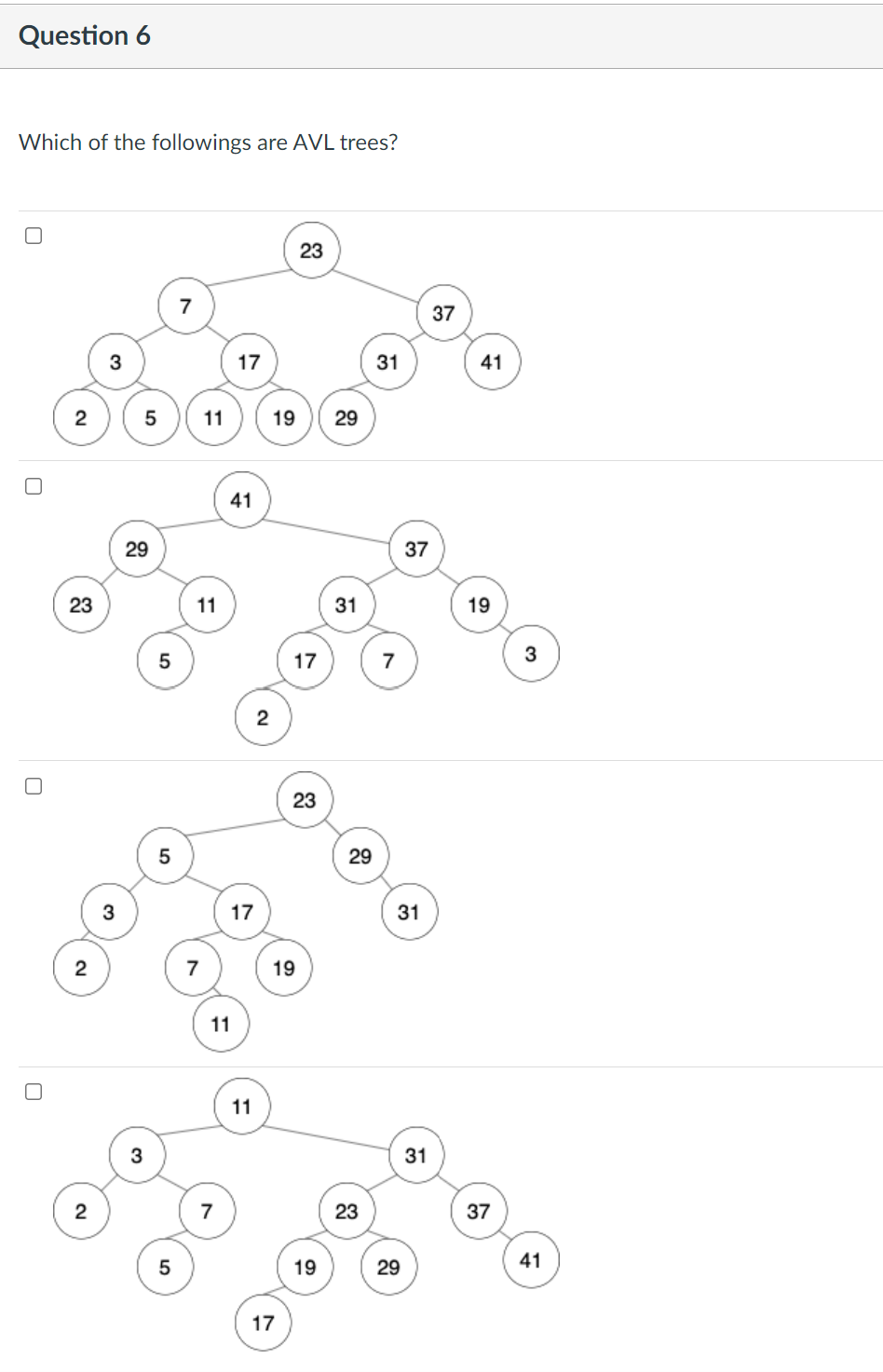 Solved Question 6 Which of the followings are AVL trees? 23 | Chegg.com