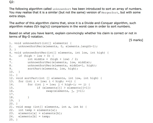 Q2: The following algorithm called unknownSort has | Chegg.com