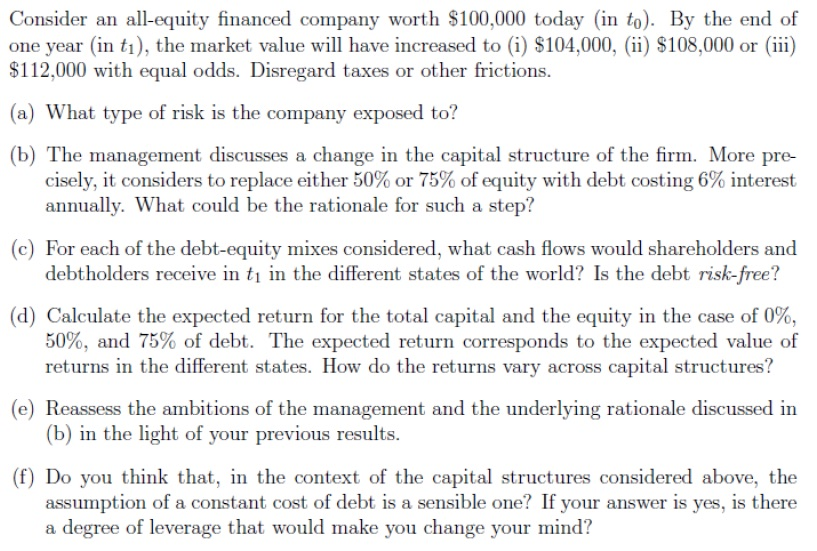 Solved Consider An All-equity Financed Company Worth | Chegg.com