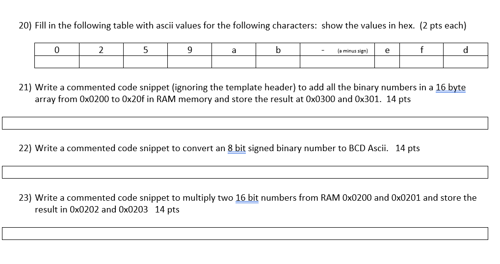 Solved 20) Fill in the following table with ascii values for | Chegg.com