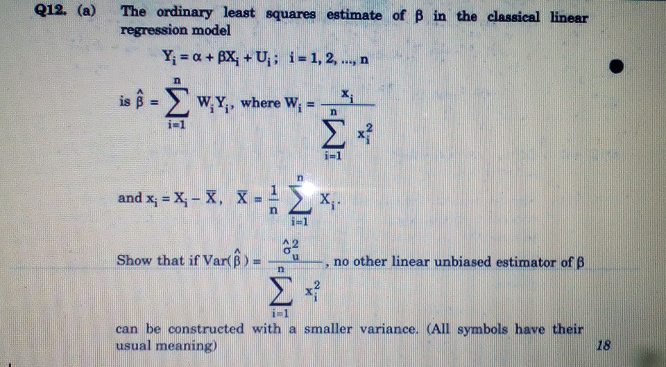 Solved 012. (a) The ordinary least squares estimate of B in | Chegg.com