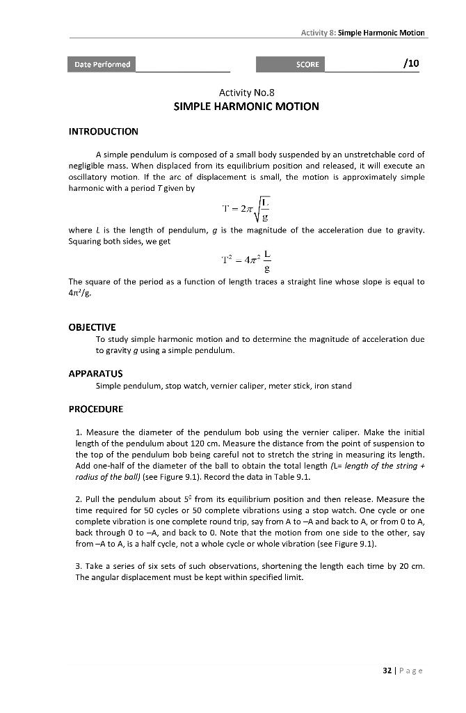 Activity 8 Simple Harmonic Motion Date Performed