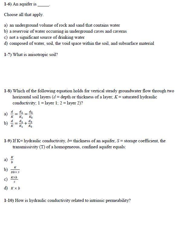Solved 1-6) An aquifer is Choose all that apply. a) an | Chegg.com
