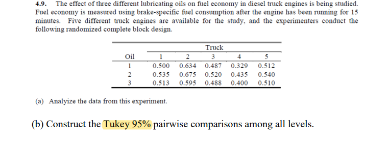 4.9. The effect of three different lubricating oils on fuel economy in diesel truck engines is being studied. Fuel economy is