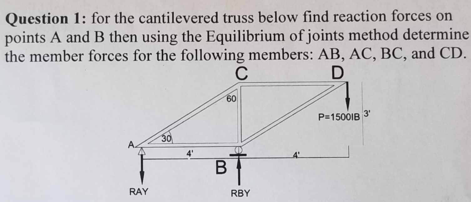Solved Question 1 For The Cantilevered Truss Below Find Chegg Solved Question 1 For The Cantilevered Truss Below Find Chegg
