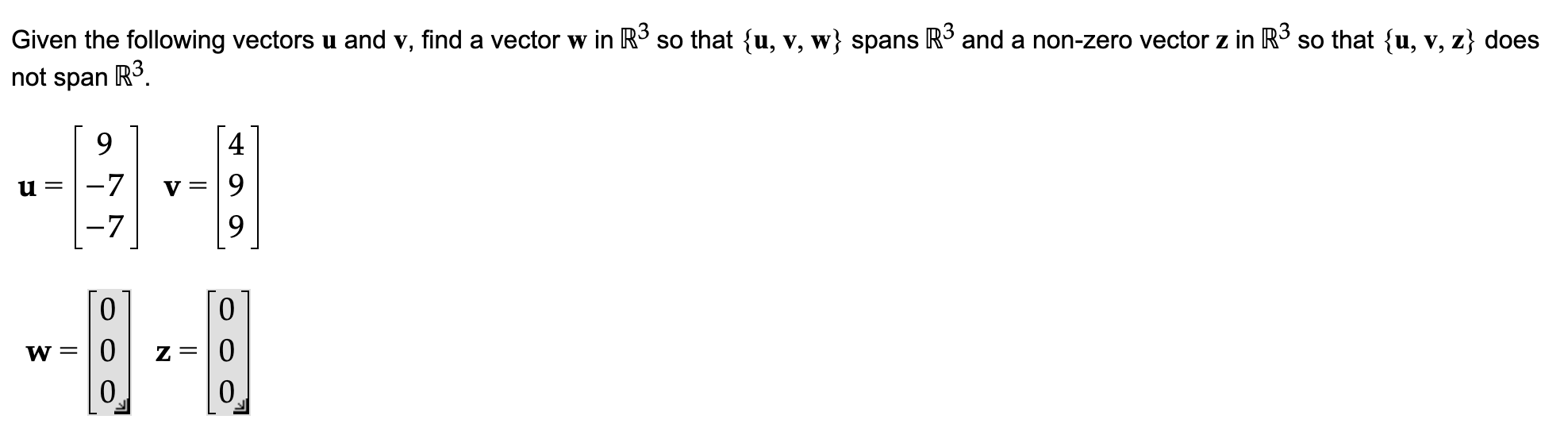 Solved Given the following vectors u and v, find a vector w | Chegg.com