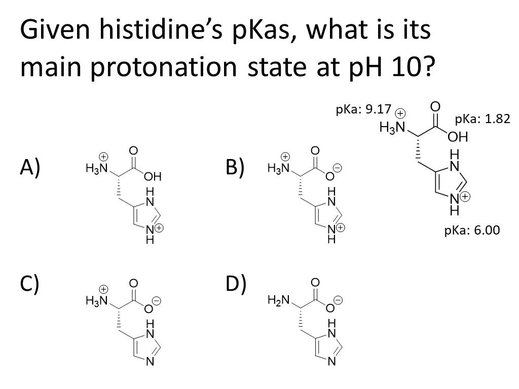 Given histidines pKas, what is its main protonation state at \( \mathrm{pH} 10 ? \)