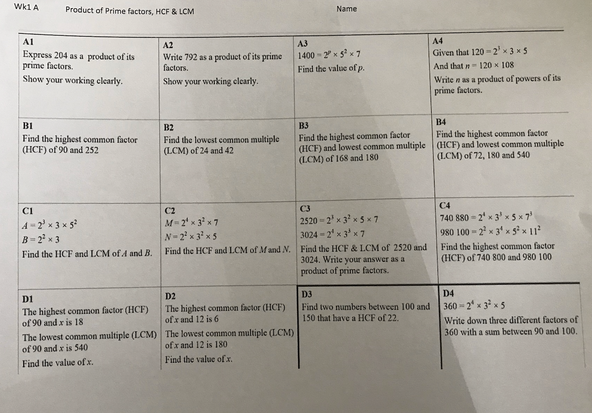 Solved Wk1 A Product Of Prime Factors HCF LCM Name A2 A1 Chegg