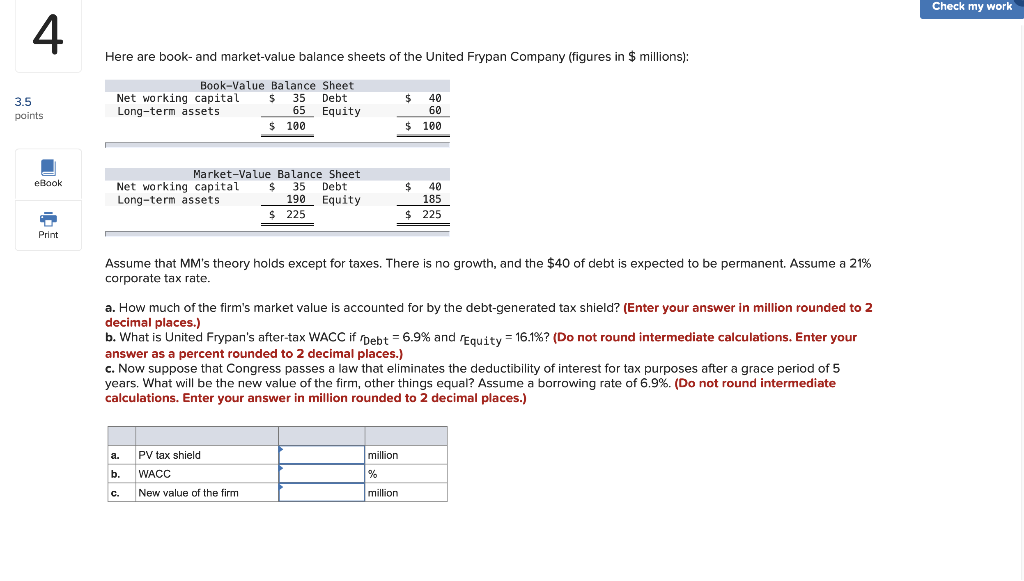 Solved Check my work Here are book- and market-value balance | Chegg.com