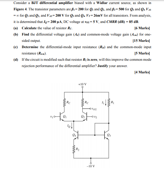 Solved Consider a BJT differential amplifier biased with a