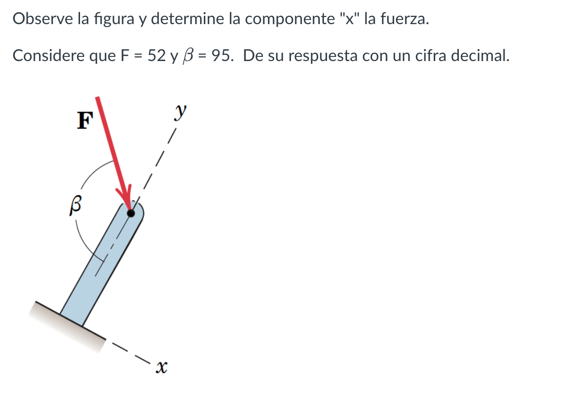 Observe la figura y determine la componente x la fuerza. Considere que \( \mathrm{F}=52 \) y \( \beta=95 \). De su respuest