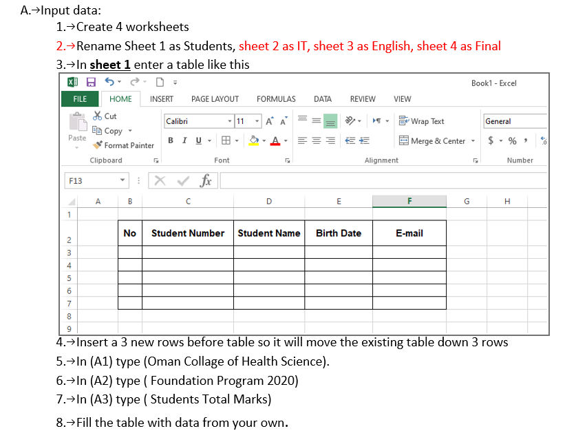 Solved A.-Input Data: 1. Create 4 Worksheets 2.>Rename Sheet | Chegg.com