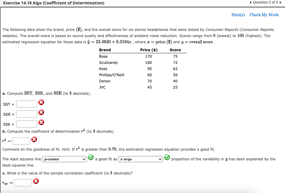 Solved Hint(s) Check My Work The Following Data Show The | Chegg.com