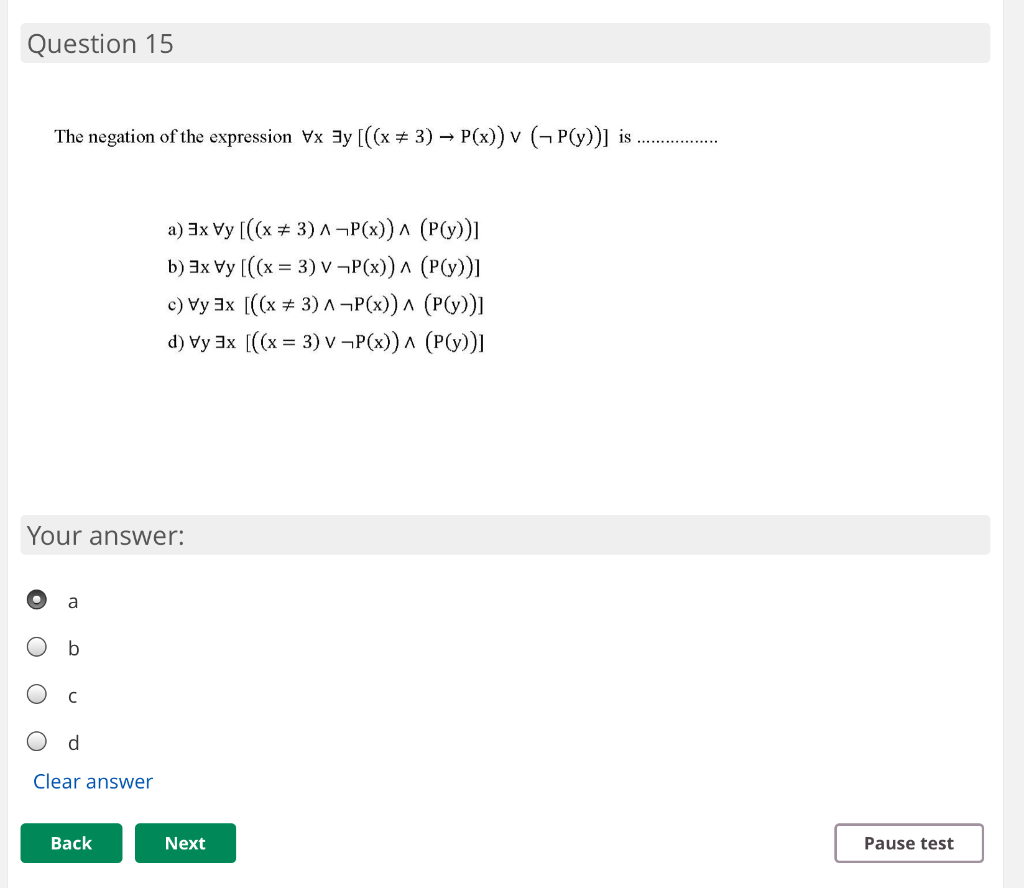 Solved Question 15 The Negation Of The Expression Vx Ay Chegg Com