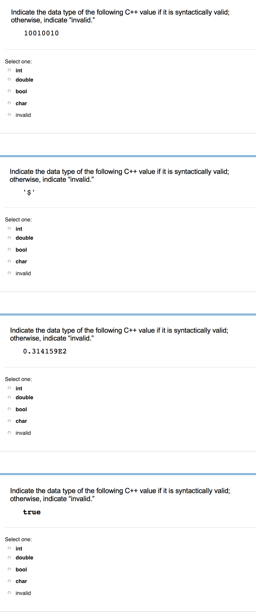 Solved Indicate the data type of the following C++ value if | Chegg.com