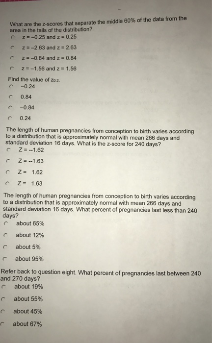 Solved What are the z-scores that separate the middle 60% of | Chegg.com