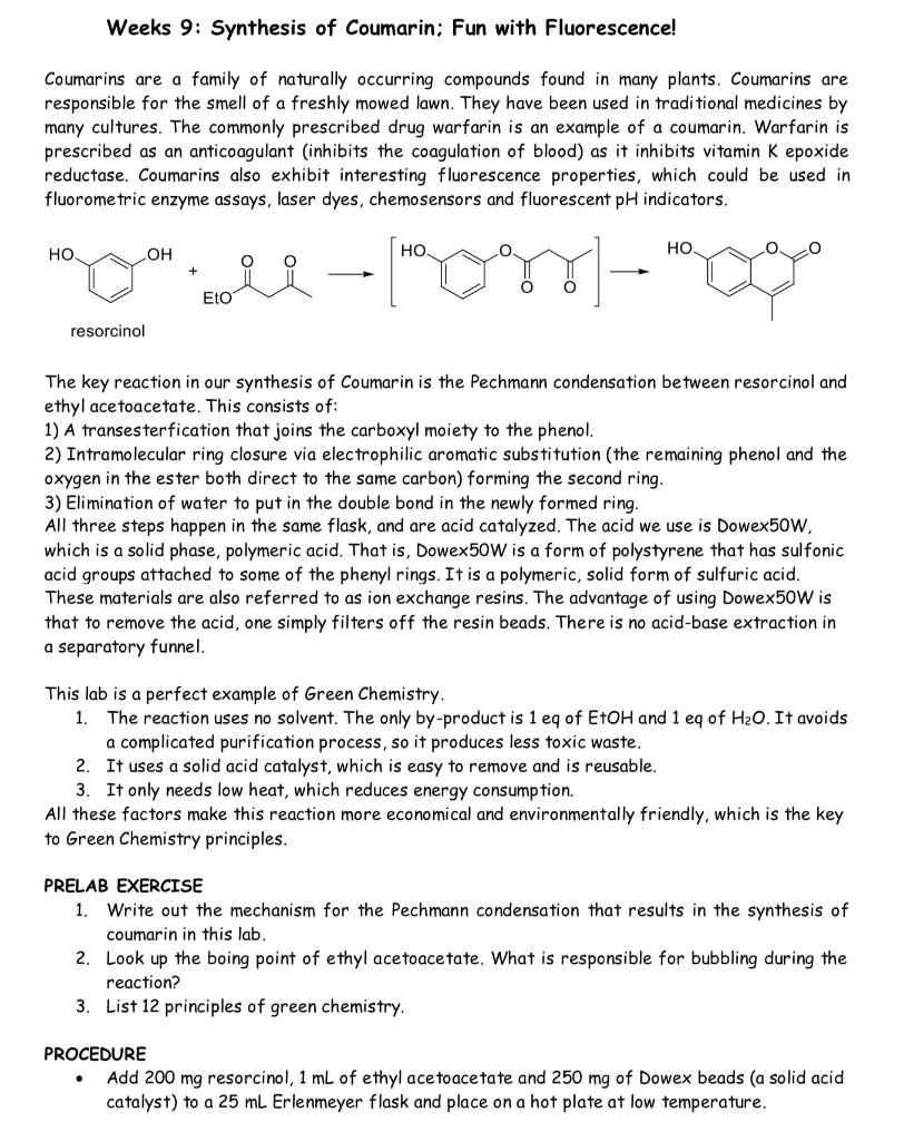 Solved Weeks 9: Synthesis of Coumarin; Fun with | Chegg.com