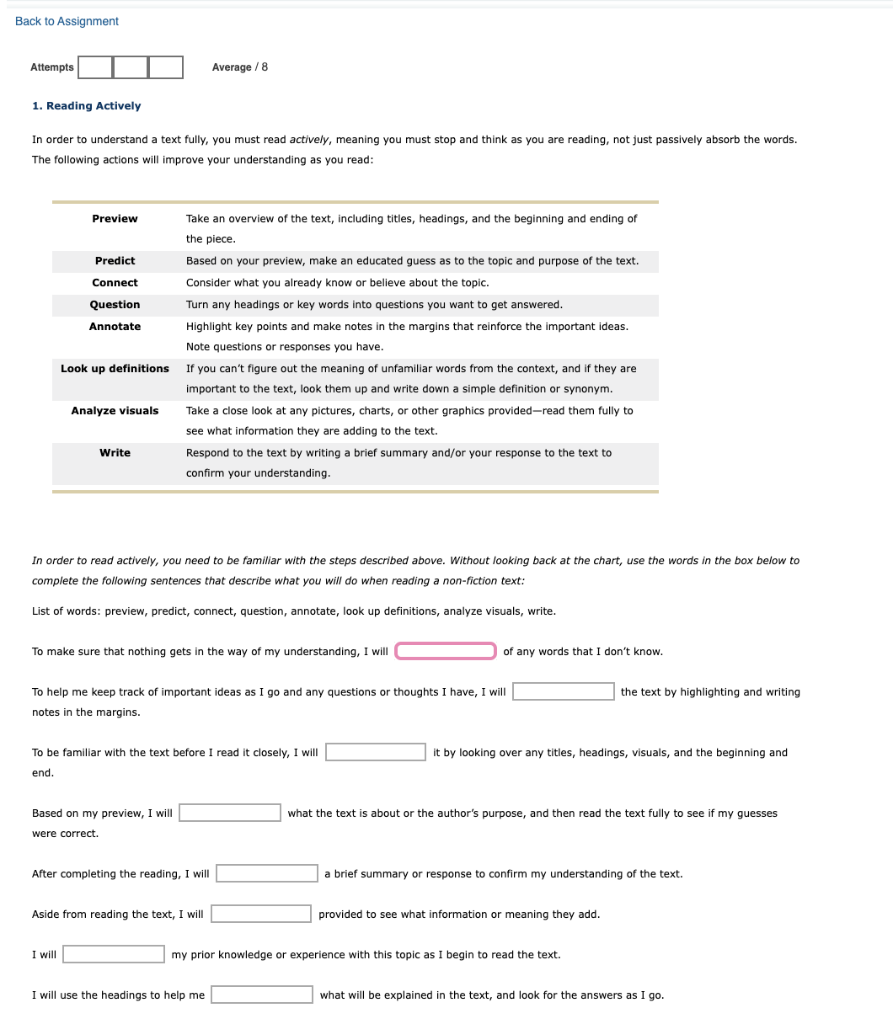 Solved Back to Assignment Attempts Average / 8 1. Reading | Chegg.com