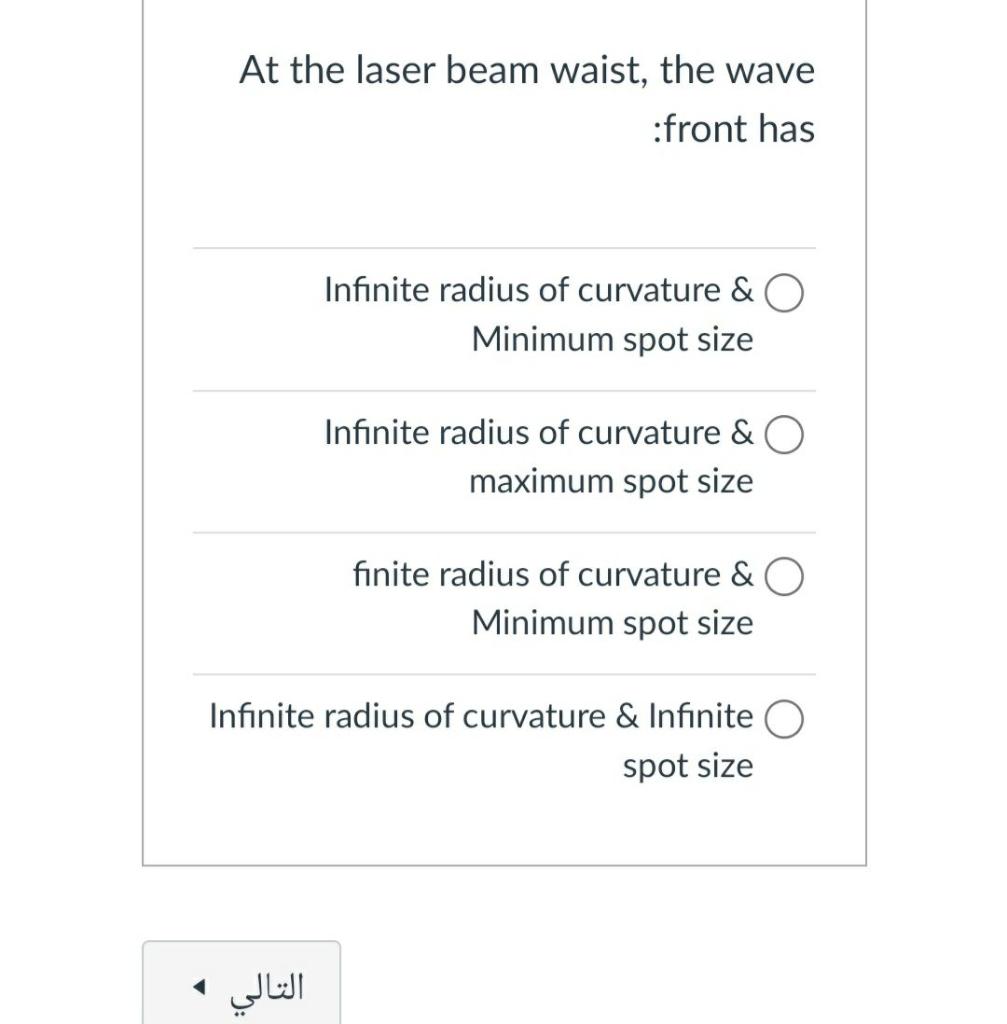 Solved At the laser beam waist, the wave front has Infinite