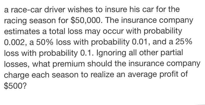 Solved a race-car driver wishes to insure his car for the | Chegg.com