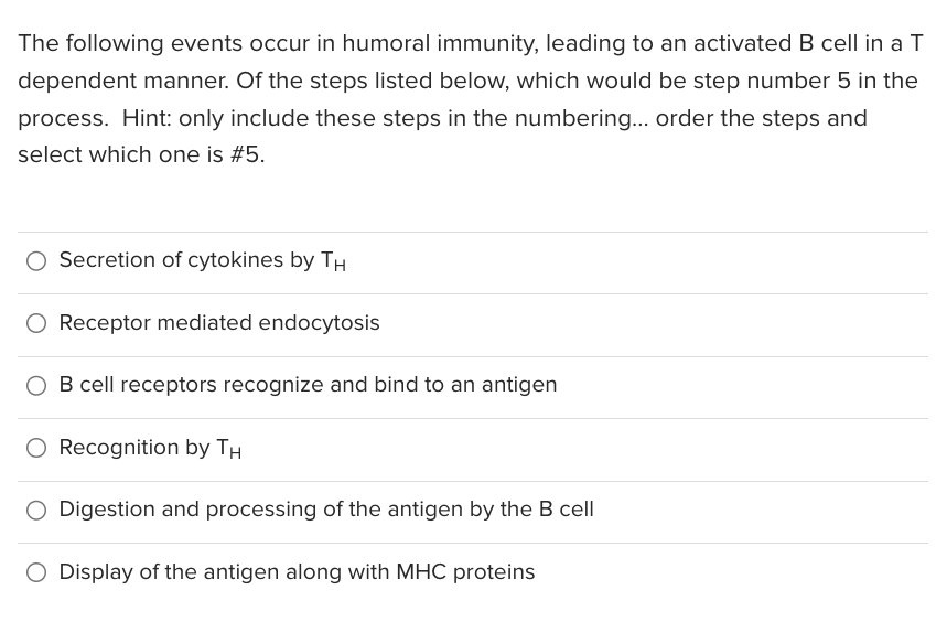 Solved The following events occur in humoral immunity, | Chegg.com