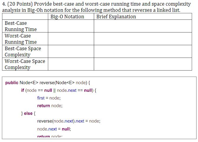 (Solved) : 4 20 Points Provide Best Case Worst Case Running Time Space ...