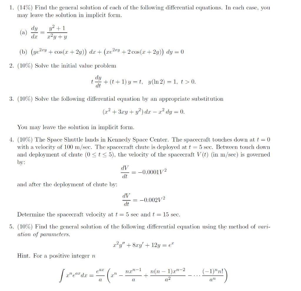 Solved 1. (14%) Find the general solution of each of the | Chegg.com