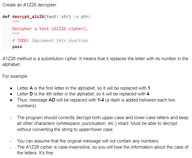 Solved Create An A1Z26 Decrypter: Def Decrypt_a1z26(text: | Chegg.com