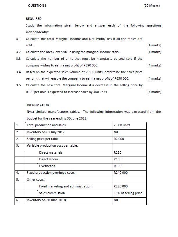Solved QUESTION 3 (20 Marks) 3.1 3.2 REQUIRED Study the | Chegg.com