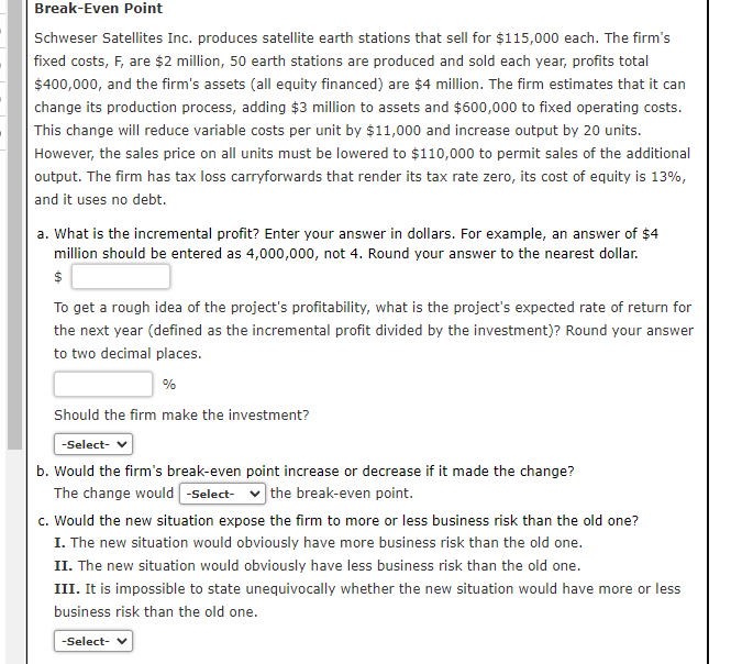 Solved Break Even Point Schweser Satellites Inc Produces Chegg