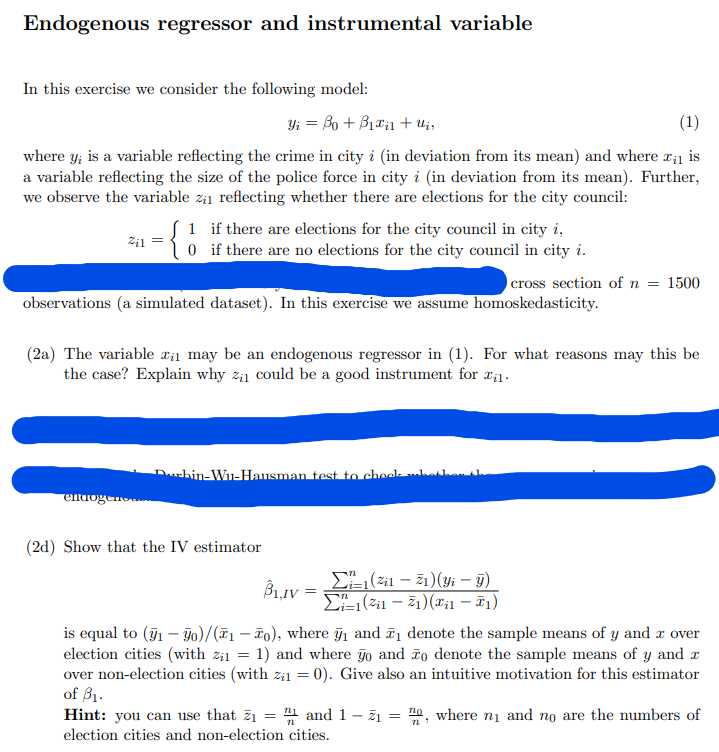 Endogenous regressor and instrumental variable In | Chegg.com