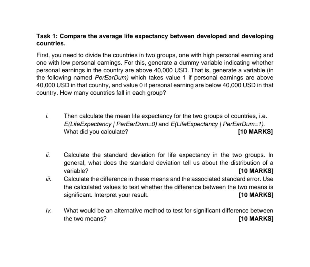 Solved Task 1 Compare The Average Life Expectancy Between Chegg Com