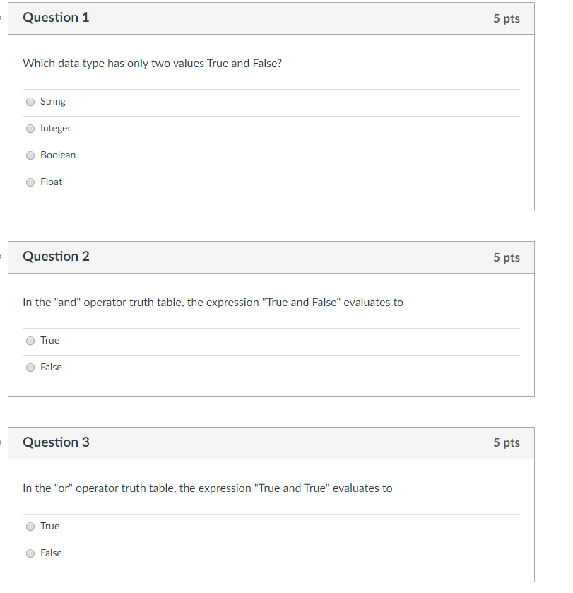 Solved Question 1 5 pts Which data type has only two values | Chegg.com