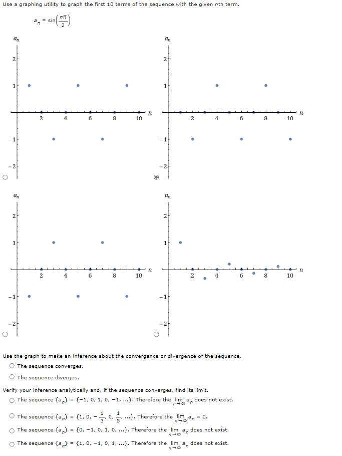 Solved an=sin(2nπ) Use the graph to make an inference about | Chegg.com