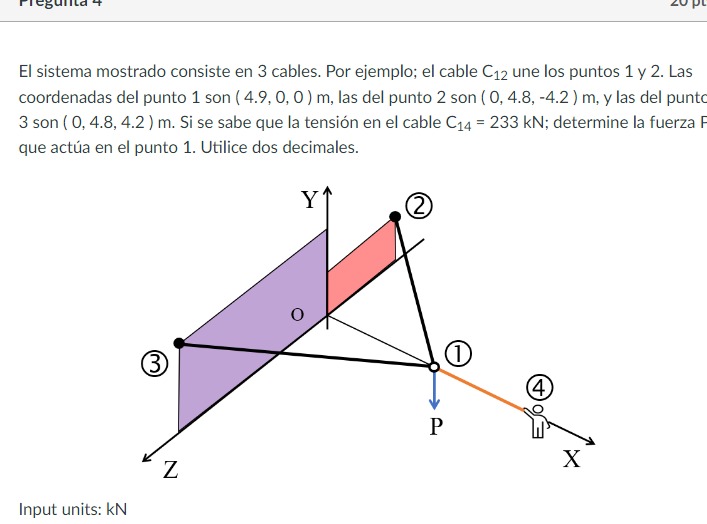 El sistema mostrado consiste en 3 cables. Por ejemplo; el cable \( C_{12} \) une los puntos 1 y 2 . Las coordenadas del punto