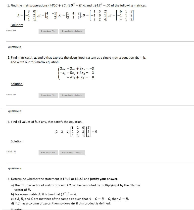 Solved 1. Find the matrix operations (4B)C+2C,(2DT−E)A, and | Chegg.com