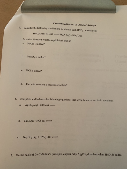 Solved Chemical Equilibrium: Le Châtelier's Prinelple 3. | Chegg.com