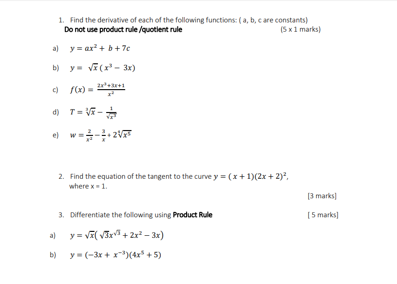 Solved 1. Find the derivative of each of the following | Chegg.com