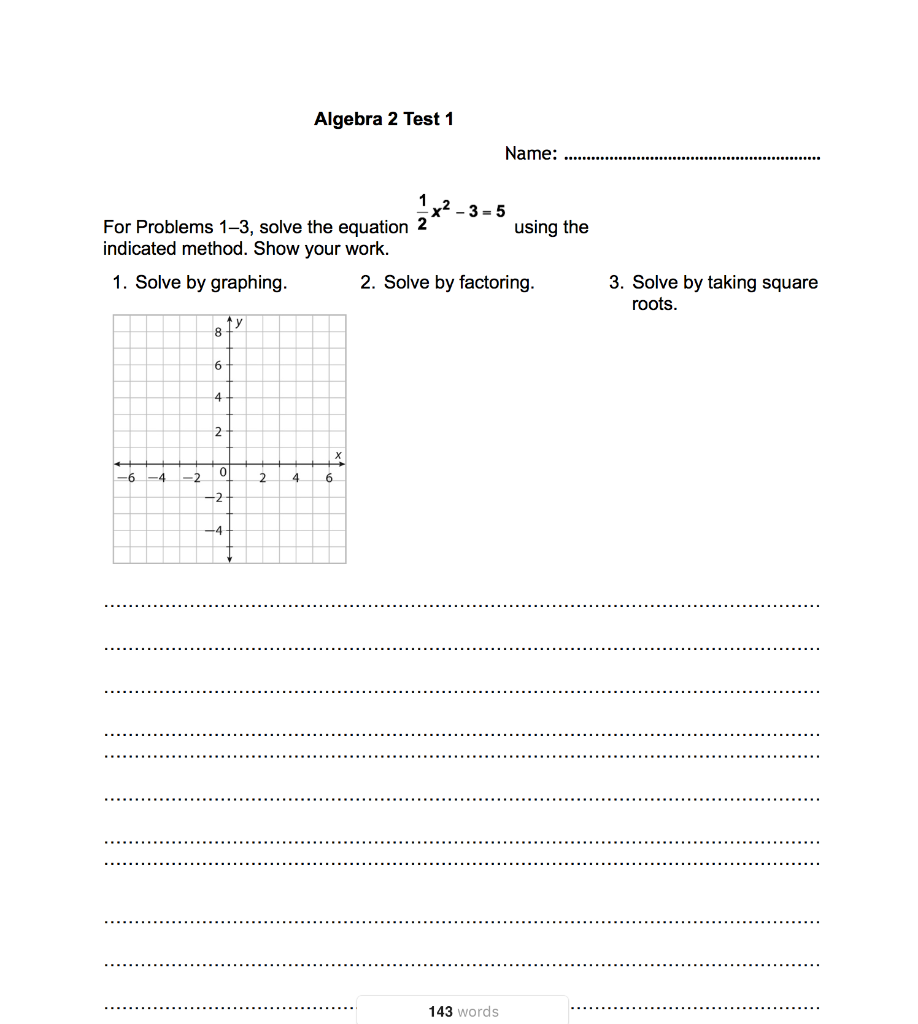 Solved Algebra 2 Test 1 Name: 1 Y2 - 3-5 For Problems 1–3, 