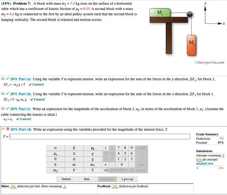 Solved (14%) Problem 7: A Block With Mass M; = 7.3 Kg Rests | Chegg.com