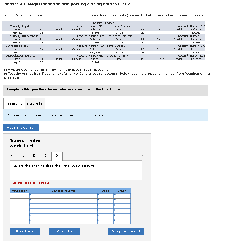 Solved Exercise 4-8 (Algo) Preparing And Posting Closing | Chegg.com