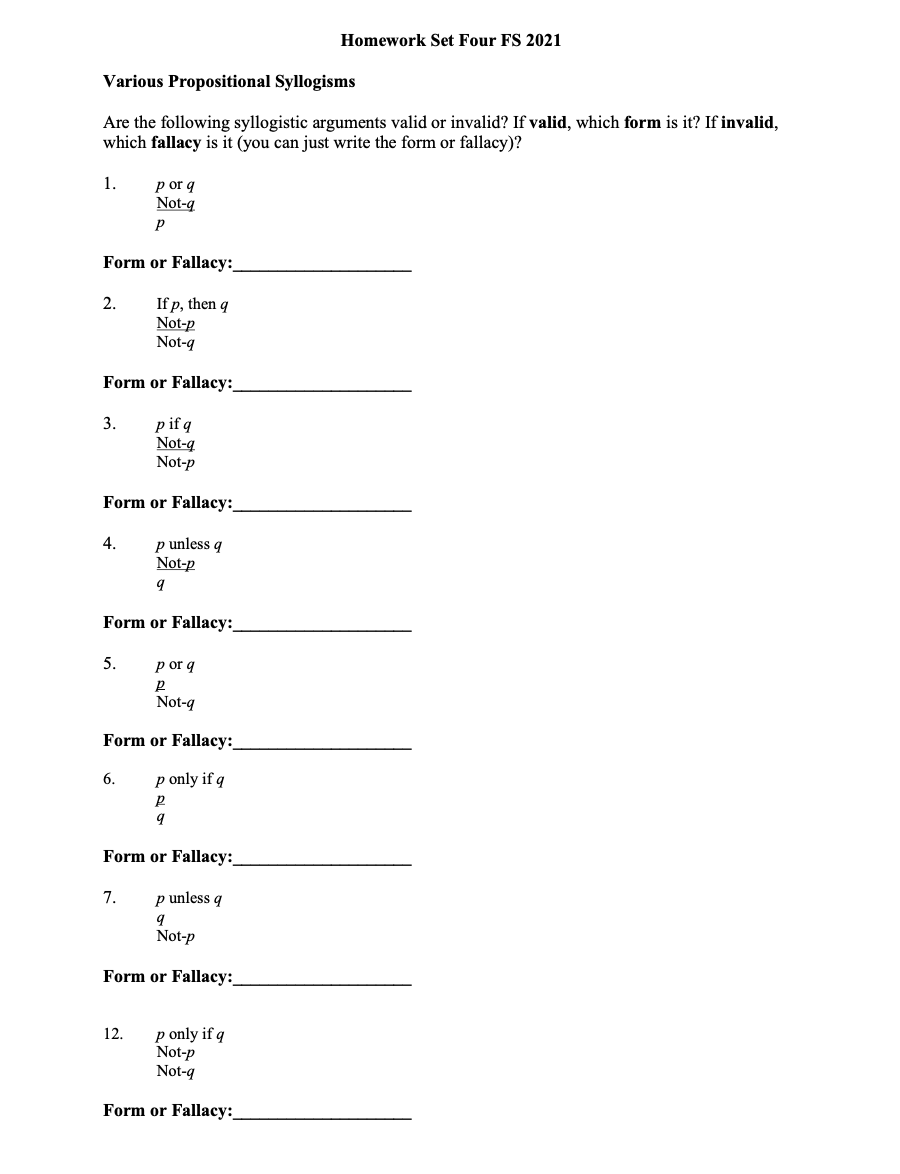 Solved Homework Set Four FS 2021 Various Propositional | Chegg.com