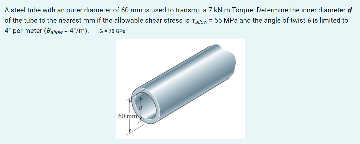 Solved A steel tube with an outer diameter of 60 mm is used | Chegg.com