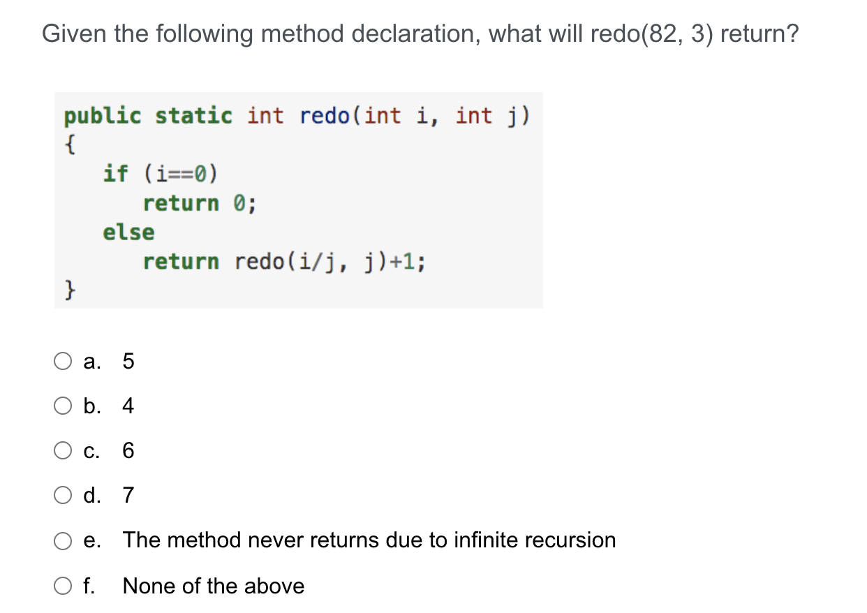 Solved Given the following method declaration, what value is | Chegg.com