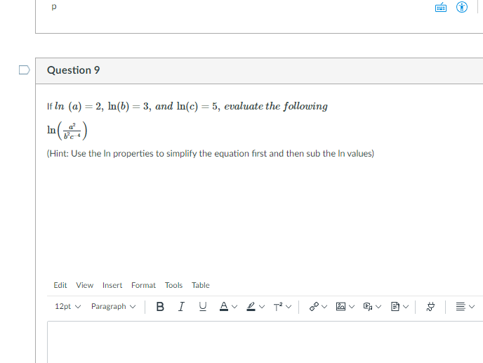 Solved р 14 Question 9 If In (a) = 2, In(b) = 3, and In(c) = | Chegg.com