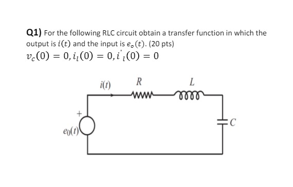 Solved Q1) For the following RLC circuit obtain a transfer | Chegg.com